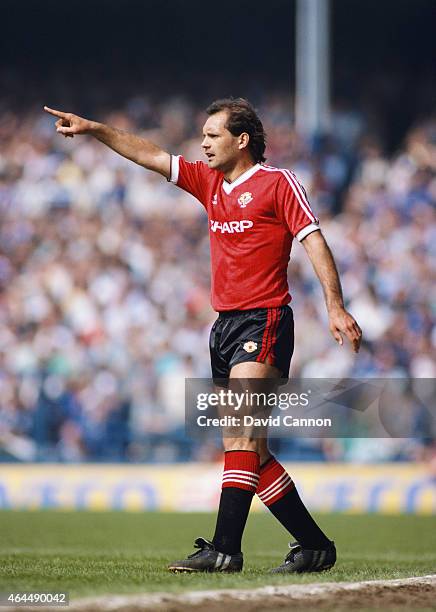 Manchester United player Ray Wilkins reacts during a League Division One match against Everton at Goodison Park on May 5, 1984 in Liverpool, England.