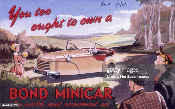 Poster advertising a Bond Minicar, 1951. Out in the countryside. The young girl is holding a posy of flowers.