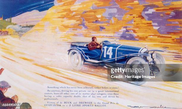 Poster advertising a Ballot 2 litre sports car. The Ballot car, driven to victory in the Grand Prix de Guipuzcoa, by Buck and Decroze, speeds by...