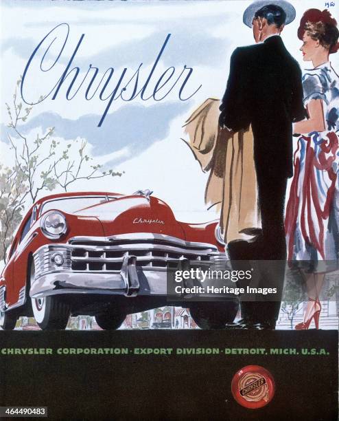 Poster advertising a Chrysler, 1950. A smartly dressed couple stand and look at their new Chrysler car.