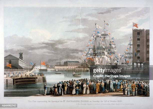 The opening of St Katharine's Dock, London, 1828. The docks were the only major project to be undertaken in London by the famous engineer Thomas...