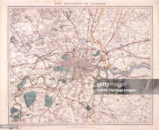 Map of London and surrounding counties along the River Thames from Thames Ditton to Erith, with railway stations marked and the cemeteries coloured...