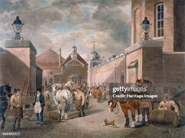 The Anchor Brewery, Mile End Road, Stepney, London, c1820. View showing brewers, barrels and horses and carts in the courtyard.