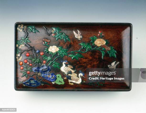 Inlaid zitan wood covered box, China, 2nd half of the 16th century. Late Ming dynasty rectangular box of zitan wood, a rare and much-prized tropical...