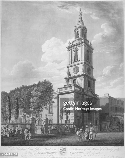 Church of St Botolph without Bishopsgate, City of London, 1802. View showing soldiers, other figures and a cart, including a dedication to Richard...