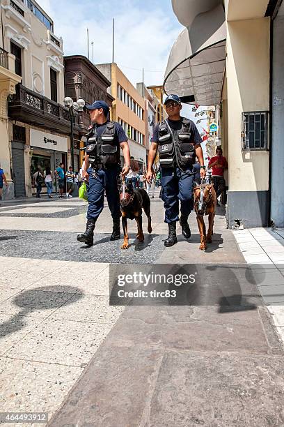 lima policemen with dog patrol - dobermann stock pictures, royalty-free photos & images