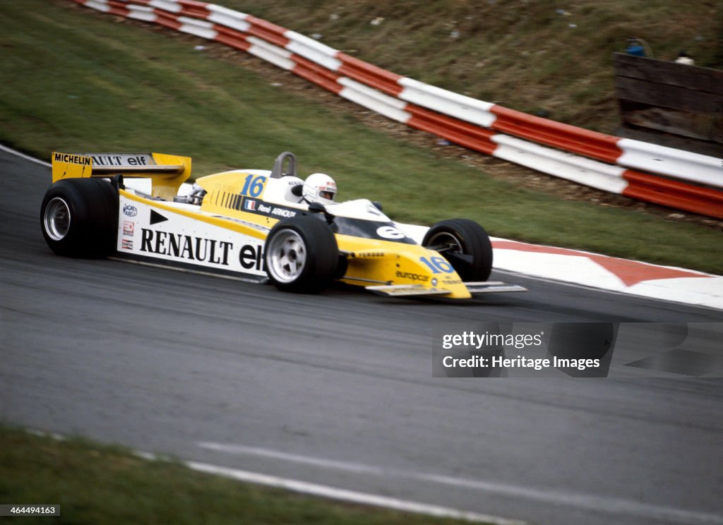 Rene Arnoux racing a Renault RE20, British Grand Prix, Brands Hatch, 1980.