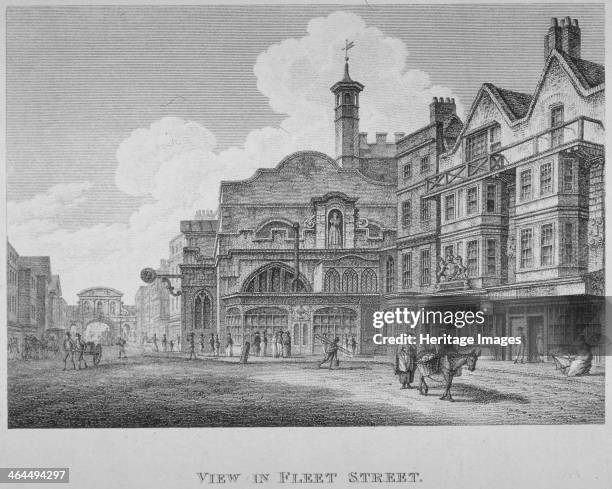 Fleet Street, City of London, 1800. View of Fleet Street looking west towards St Dunstan-in-the-West to Temple Bar. Also showing a figure accompanied...