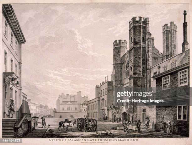 View of St James's Gate leading to St James's Palace from Cleveland Row, London, 1766. In the foreground stone masons can be seen on the right with a...