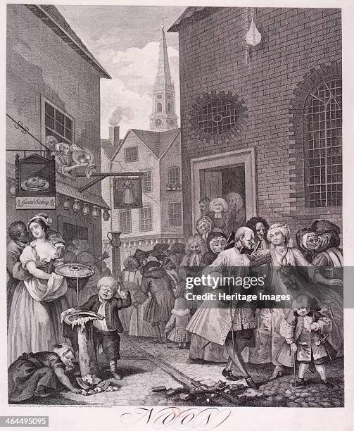 'Noon', plate II from Times of Day, 1738. View of Hog Lane, Westminster, London with St Giles in the Fields visible in the background. A crowd with a...