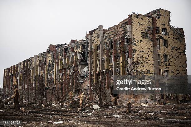 Heavily damaged hotel is seen near the Donetsk airport on February 26, 2015 in Donetsk, Ukraine. The Donetsk airport has been one of the most heavily...