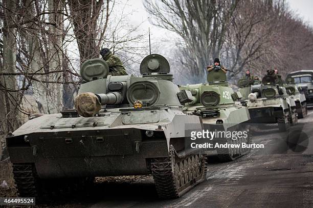 Pro-Russian rebels allegedly move tanks and heavy weaponry away from the front line of fighting in accordance with the Minsk II agreement on February...