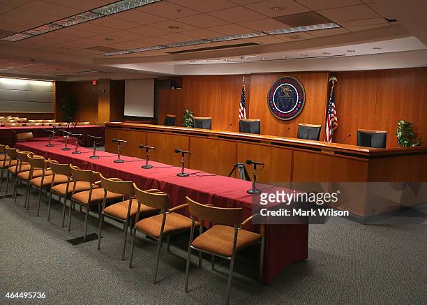 The hearing room at the Federal Communications Commission headquarters February 26, 2015 in Washington, DC. Today the Commission will vote on...
