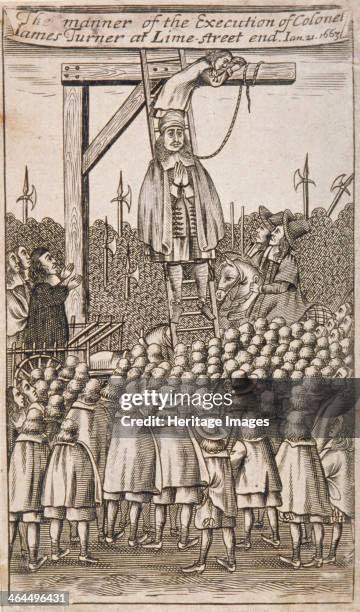 Execution of a criminal, Lime Street, City of London, 1664. A crowd gathered round to watch the execution of a parliamentary Colonel James Turner,...