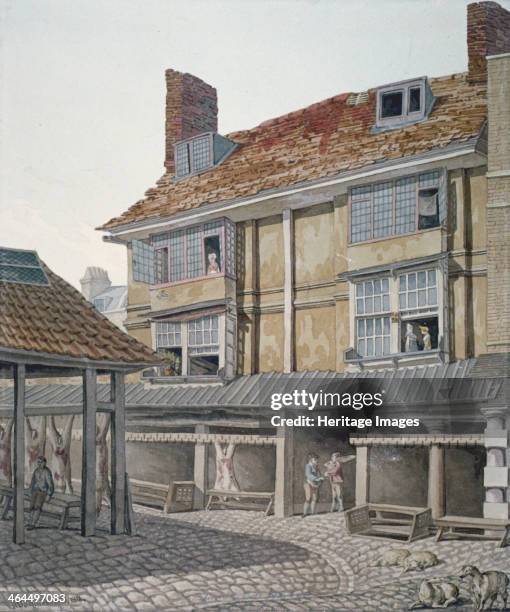 Leadenhall Market, City of London, 1814. View of Leadenhall Market, with carcasses hung from hooks on the left, figures on the street and at windows...