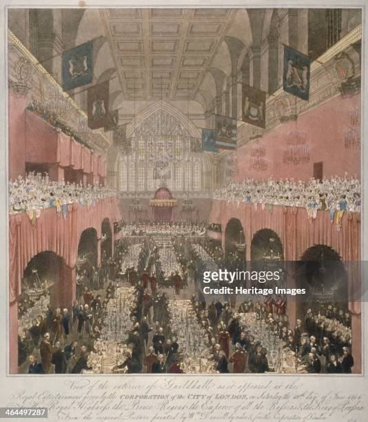 Banquet at the Guildhall, City of London, 1814 . Interior view of the Guildhall during a banquet in honour of the Prince Regent , Tsar Alexander I,...