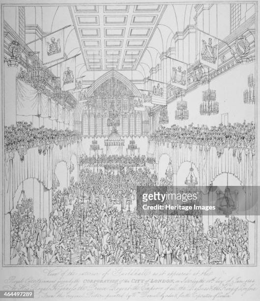 Banquet at the Guildhall, City of London, 1814 . Interior view of the Guildhall during a banquet in honour of the Prince Regent , Tsar Alexander I,...
