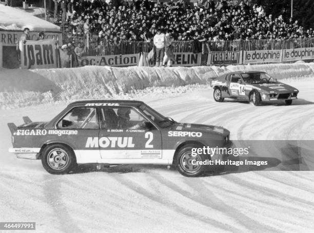 During the Chamonix Ice Race, France, 1989. Bernard Beguin and Francois Chatriot on the ice in a BMW, sponsored by Le Figaro newspaper.