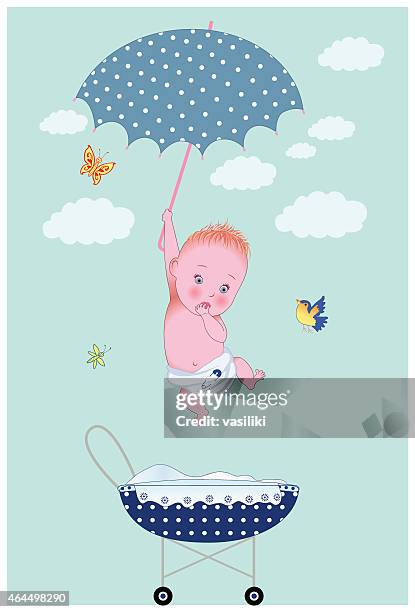 new baby boy is coming with un umbrella from sky - cute-blue-backgrounds stock illustrations