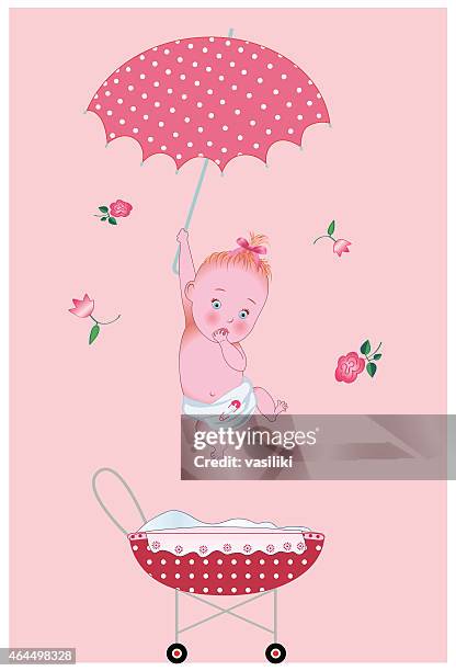new baby girl is coming from sky with un umbrella - pink-and-blue-baby-background stock illustrations