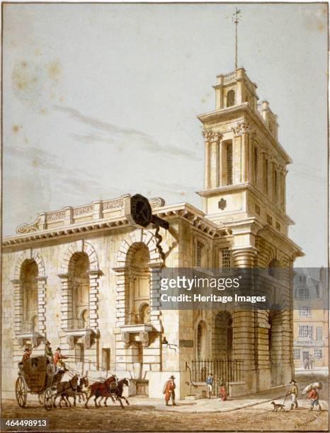 North-west view of the Church of St Mary Woolnoth, City of London, 1812. Outside the church are figures, including a man carrying a sack and the...
