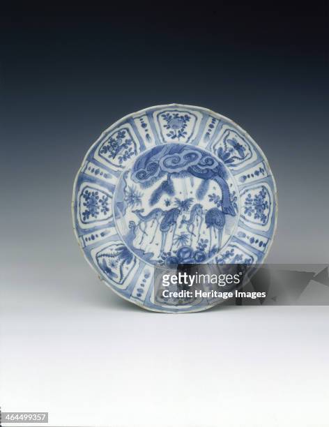 Kraak dish with deer and 'Y'-shaped rocks, Ming dynasty, China, c1580-1600. Foliated Kraak blue and white dish decorated in the centre with four...