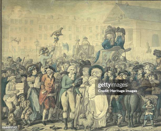 Detail from 'Westminster Election of 1788'. An election-day crowd in Covent Garden. A market seller with his donkey is weighing out his goods with a...