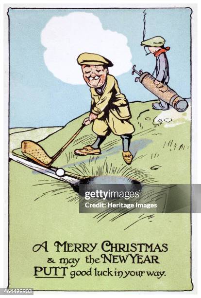 Christmas card with golfing theme, British, 1913. It may have been specially ordered as it has the address of the Grand Hotel, Bristol, printed on...