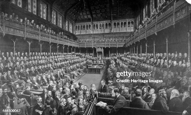 Chamber of the House of Commons, 1875. Interior view of the House of Commons showing Members of Parliament from both sides of the house sitting on...