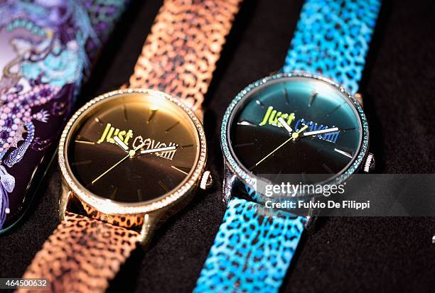 Watches are seen backstage ahead of the Just Cavalli show during the Milan Fashion Week Autumn/Winter 2015 on February 26, 2015 in Milan, Italy.