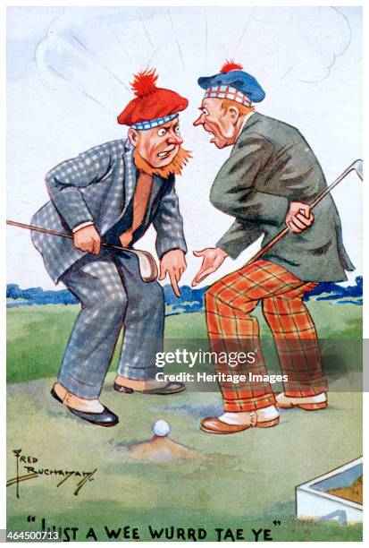 Golfing cartoon, c1920s. Juist a wee wurrd tae ye.