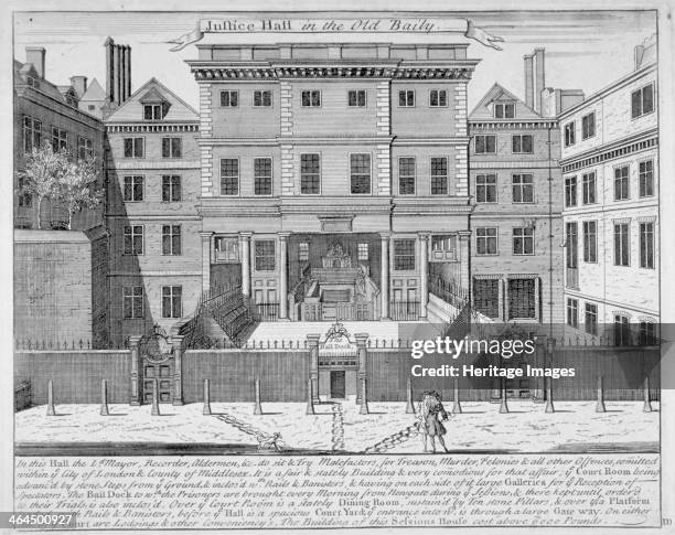 Justice Hall, Old Bailey, City of London, pre 1737 . View of the Justice Hall, Old Bailey, as it was before 1737 when the building was enclosed. With...