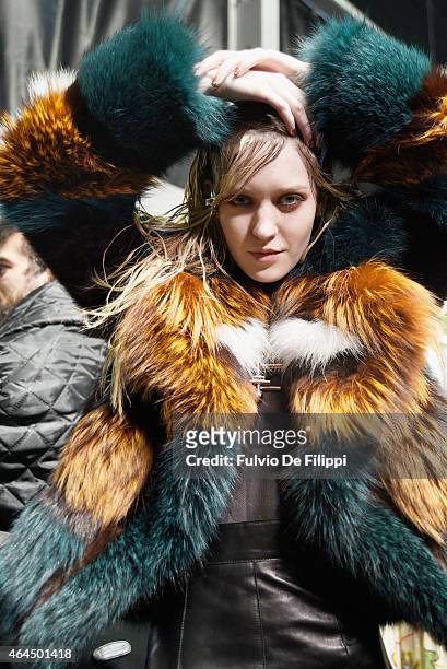Model is seen backstage ahead of the Just Cavalli show during the Milan Fashion Week Autumn/Winter 2015 on February 26, 2015 in Milan, Italy.