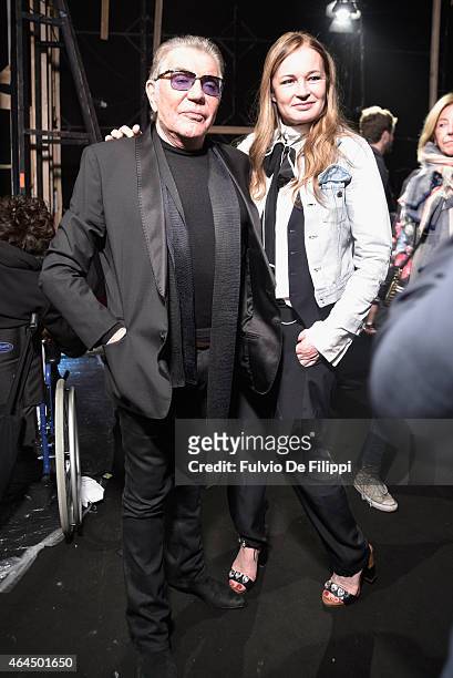 Roberto Cavalli and Eva Cavalli seen backstage ahead of the Just Cavalli show during the Milan Fashion Week Autumn/Winter 2015 on February 26, 2015...
