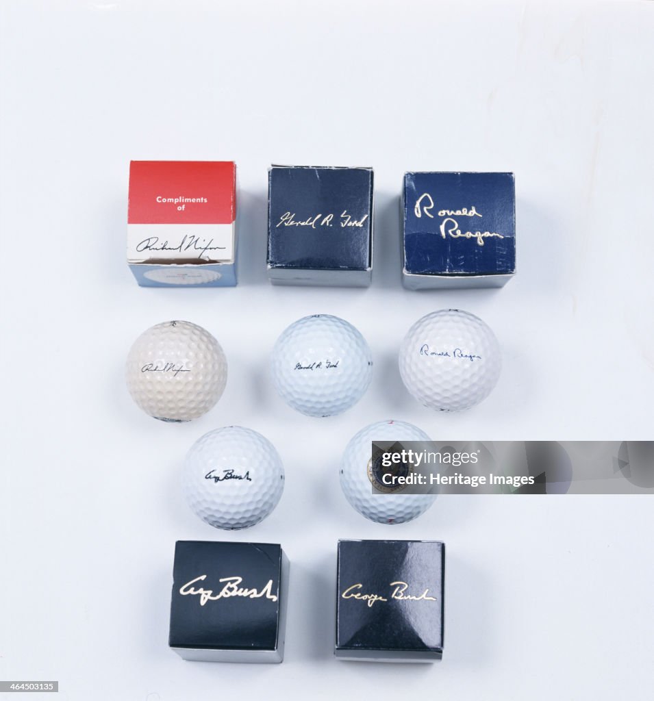 Presidential golf balls and boxes, 1970-92.