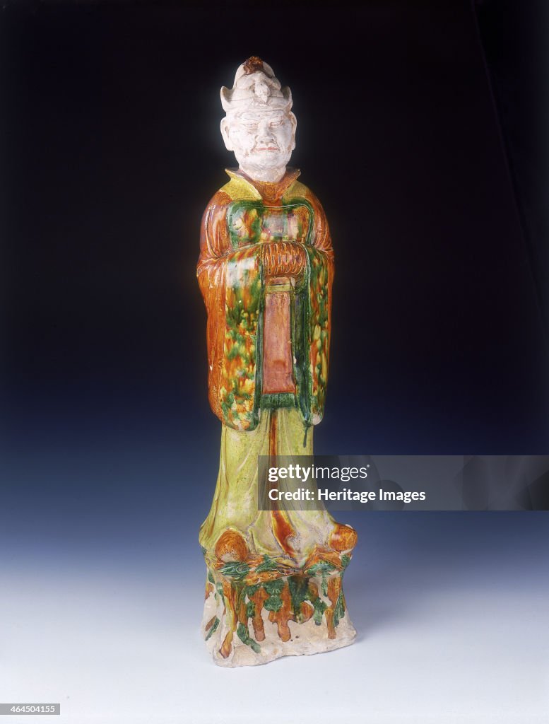 Sancai pottery figure of an official of Khotanese type, High Tang period, China, 684-756.