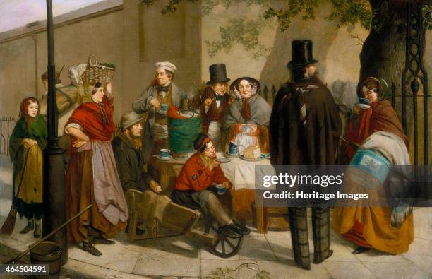 Coffee Stall' 1881. Street scene; a baker's boy with the City of London badge sits in a wheelbarrow blowing his coffee in a saucer. The ragged girl...