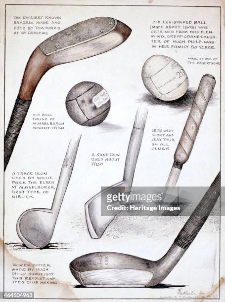 Early golf clubs, putters and balls. From top to bottom: the earliest known brassie made and used by Tom Morris at St Andrews; old egg-shaped ball...