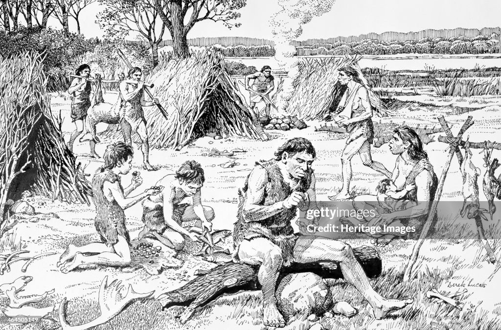 Bc Humans Prehistoric people in a settlement, Swanscombe, Kent, c350,000 BC ...