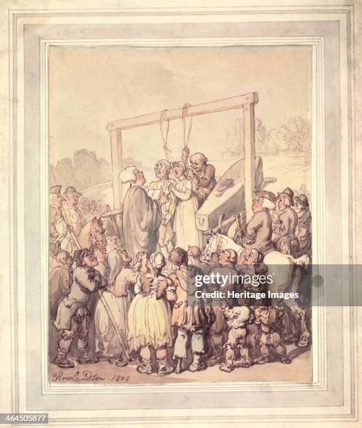 Execution at Tyburn, London, 1803. A frightened man and woman stand in the gallows with nooses round their necks, with a coffin ready next to them. A...