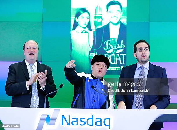 Senior Vice President at NASDAQ David Wicks;Eddie Huang and Rafeel Martinez ring the NASDAQ opening bell at NASDAQ MarketSite on February 26, 2015 in...