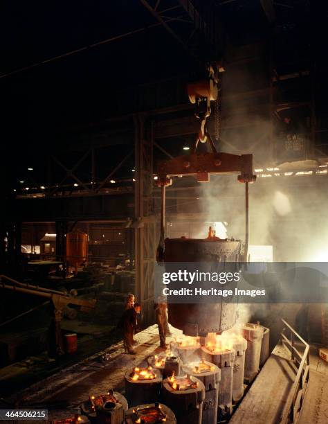 Teeming molten iron, Brown Bayley Steels, Sheffield, South Yorkshire, 1968.