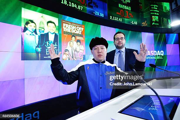 Eddie Huang and Rafeel Martinez ring the NASDAQ opening bell at NASDAQ MarketSite on February 26, 2015 in New York City.