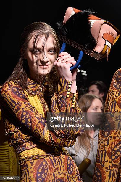 Model is seen backstage ahead of the Just Cavalli show during the Milan Fashion Week Autumn/Winter 2015 on February 26, 2015 in Milan, Italy.