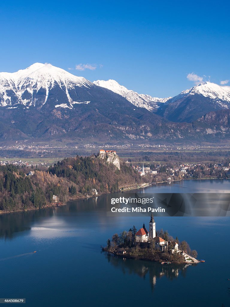 Aerial view of Lake Bled in winter time
