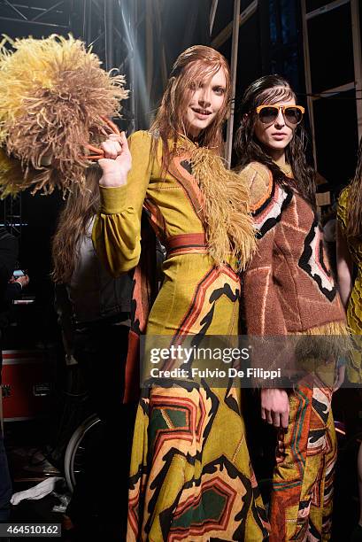 Models are seen backstage ahead of the Just Cavalli show during the Milan Fashion Week Autumn/Winter 2015 on February 26, 2015 in Milan, Italy.