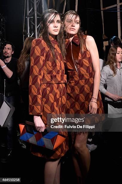 Models are seen backstage ahead of the Just Cavalli show during the Milan Fashion Week Autumn/Winter 2015 on February 26, 2015 in Milan, Italy.