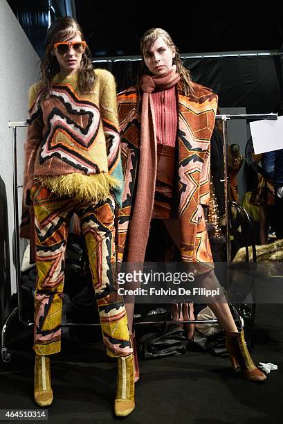 Model are seen backstage ahead of the Just Cavalli show during the Milan Fashion Week Autumn/Winter 2015 on February 26, 2015 in Milan, Italy.