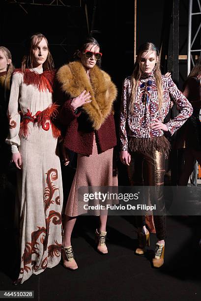 Model are seen backstage ahead of the Just Cavalli show during the Milan Fashion Week Autumn/Winter 2015 on February 26, 2015 in Milan, Italy.