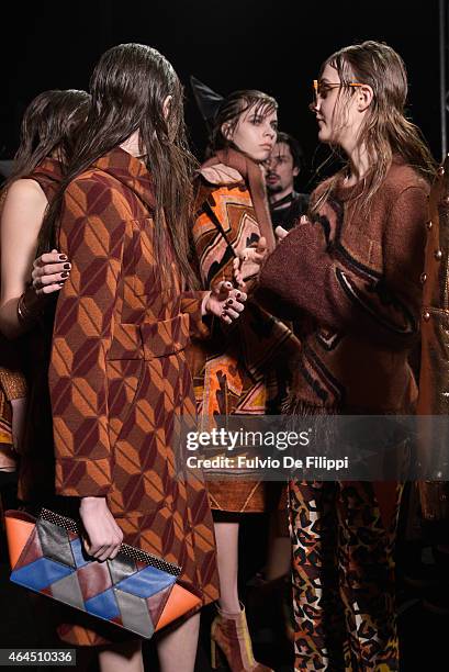 Models are seen backstage ahead of the Just Cavalli show during the Milan Fashion Week Autumn/Winter 2015 on February 26, 2015 in Milan, Italy.